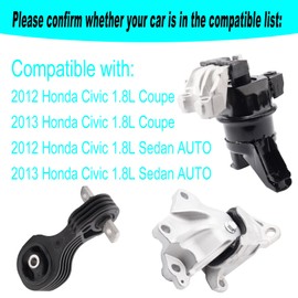 Set of 3 Engine Motor Mount & Trans Mount Compatible with 2012-2013 Honda Civic 1.8L Coupe/Sedan Replacement for A65048 A65021 A65087 50890TR0A81 50850TR6A81 50820TR0A81