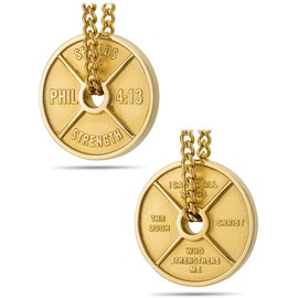 Shields of Strength Men's Stainless Steel or Gold Plated Weight Plate Necklace Philippians 4:13 Bible Verse Fitness Gym Jewelry Weightlifters Dumbbell