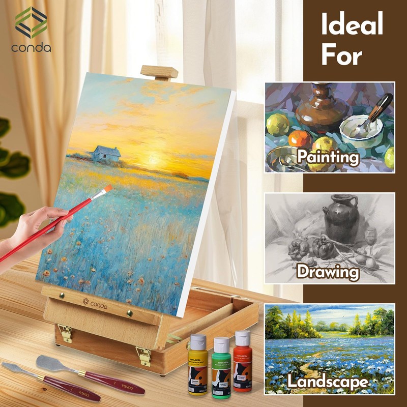 CONDA Premium Wooden Sketch Box Easel - Adjustable Tabletop Art