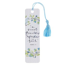 Christian Art Gifts Scripture Bookmark | Sweet Friendship – Proverbs 27:9 Bible Verse | Inspirational Blue Floral Bird Bookmark for Women w/Tassel
