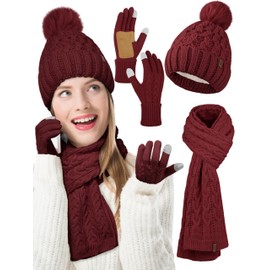 Aneco Women Winter Beanie Hat Scarf Gloves with Pom Pom Fleece Lined Touchscreen Gloves Set Thick Warm Knit Cap 3-in-1 Set Burgundy
