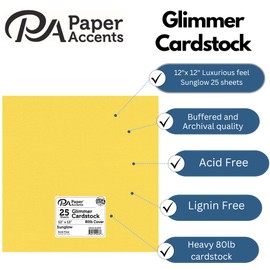 PA Paper Accents Glimmer Cardstock 12" x 12" Sunglow, 80lb Colored cardstock Paper for Card Making, Scrapbooking, Printing, Quilling and Crafts, 25 Piece Pack