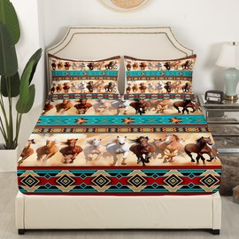 Horses Fitted Sheet Twin Horse Themed Room Decor for Girls, Bohemian Native Aztec African Tribal Horse Print Bedding, Boho Western Rustic Farmhouse Bedroom Bed Sheets Exotic Nordic Style Bed Set