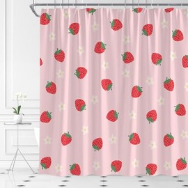 ASVEAS Cute Strawberry Shower Curtain Pink Flower Fruit Print Girls Modern Cartoon Fabric Bathroom Decor Set with Hooks(70" WX70 H)