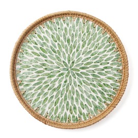 Aayoruro Round Rattan Tray with Mother of Pearl Inlay, Decorative Wicker Serving Tray with Wooden Base, Woven Basket Trays for Bread Fruits Coffee, Leaf