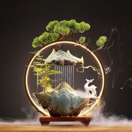 Deer Tabletop Water Fountains Indoor Waterfall with LED Light, (Mid)