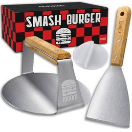 mnam Smash Burger Press – Burger Smasher - Burger Spatula with Wooden Handle in Stainless Steel Set – Burger Press for Meat – Grill Griddle Kit – Professional Smasher Meat