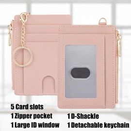 Suweibuke Slim Pocket Wallet, RFID Blocking Credit Card Holder Wallet with D-Shackle ID Window and Detachable keychain for Women (A-Coral Pink)