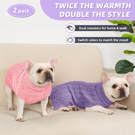 KCFESTIHUE 2 Pack Dog Sweaters for Medium Dogs Turtleneck Pullover Cable Knit Stretch Clothes French Bulldog Dachshund Boston Terrier Corgi Beagle Pug Boy Girl Pets Winter Clothes (L, Pink & Purple)