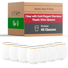 Smarty Had A Party Elegant Plastic Wine Glasses Disposable, Clear Disposable Cups, Durable Disposable Cocktail Cups, Party Cups (48 Glasses (12 oz Wine Glasses) Clear with Gold)