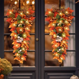 Hotop 2 Pcs 36 Inch Artificial Fall Harvest Teardrop Swag Thanksgiving Teardrop Wreath with Pumpkin Berries Maple Leaves LED Lights Fall Teardrop Wreath for Holiday Wall Fireplace Hanging Door Decor