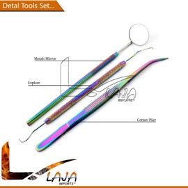 Dental Hygiene Set - 3Pcs Basic Dental Instruments Stainless Steel Dental Rainbow Tooth Pick, Mouth Mirror/Cotton Plier/Dentists Tools is Ideal for Personal Use & Pet Friendly for Educational Use