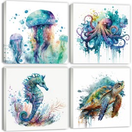 Ocean Wall Art Bathroom Coastal Wall Decor Sea Animal Pictures Kids Bedroom Watercolor Teal Turtle Seahorse Jellyfish Octopus Painting Canvas Prints Artwork Living Room Home Decorations 16x16" 4 Pcs