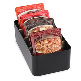 BSTKEY Seasoning Packet Organizer, Food Storage Organizer with Divided 4 Bamboo Wood Compartments, Black Plastic Storage Caddy for Pantry Cabinet, Kitchen Organization Bin for Snacks Spice Packets