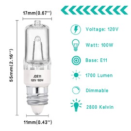 YBEK JDE11 Halogen Bulb 100W 120V Mini Candelabra Bulb Warm White 2800K DimmableT4 JD Type E11 for Ceiling Fans, Chandeliers, Cabinet Lighting(Pack of 4)