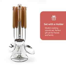 Hommony Cooking Utensils Set, 8-Piece 304 Stainless Steel Kitchen Tool Sets with Holder, Wooden Handle Heat Resistant Kitchen Cookware Set, Gadgets Tools Set Gift