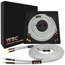 WORLDS BEST CABLES 8 Foot Ultimate - 8 AWG - Ultra-Pure OFC - Premium Audiophile HiFi Speaker Cable Pair with Eminence Gold Banana (x2) & Spade (x2) Plugs & Silver Tweed Jacket