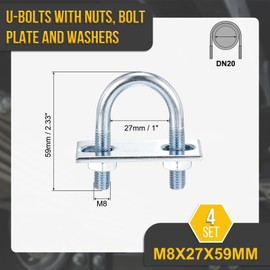 DTGN M8x27x59mm U Bolts Round Kit - 4Set - Carbon Steel U-Bolt Kit with Nuts, Washers, Frame Plate - Good for DN20 Pipe, Trailer, Automotive, Leaf Spring Fastener