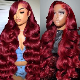 26 Inch 99j Burgundy 13x4 Body Wave Lace Front Wigs Human Hair 180 Density Glueless HD Transparent Lace Frontal Wigs Human Hair Pre Plucked With Baby Hair Burgundy Wine Red Human Hair Wigs For Women