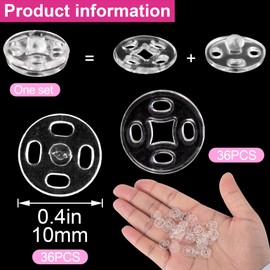 Pndeyo 36 Set Sew-on Snap Buttons, 10mm Plastic Snaps Fasteners, Invisible Clear Press Buttons for Shirt Skirt Jeans Coat Jacket Windbreaker Hats Shoes Bag