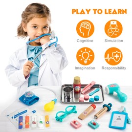 Sundaymot Kids Doctor Kit Toy with Real Wooden Stethoscope, Thermometer, Syringe and Practical Items for Children Role Play Medical, Gift for ​3 4 5 Years Boys Girls