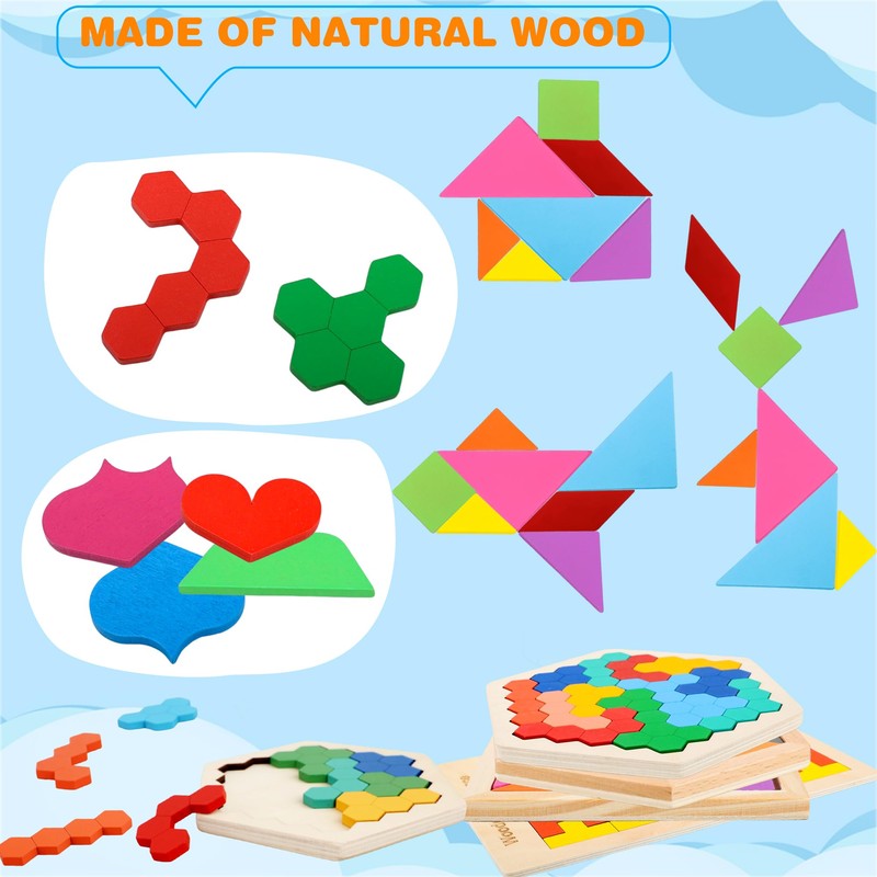 7 Pack Wooden Tangrams Puzzle Set Wooden Hexagon Puzzles Wood