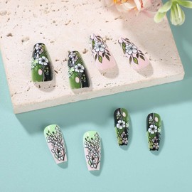 Long Press on Nails Fresh Green Leaf Fake Nails Natural Cute Small Flower Designs False Nails Pink Cherry Blossom Full Cover Acrylic Nails Spring/Summer Long Glue on Nails for Women