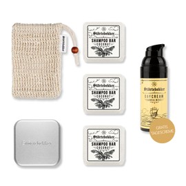 Störtebekker Shower Routine Set – Solid Shampoo x 3 (Coconut), Sisal Bag, Aluminium Soap Box + Free Day Cream – Shampoo Bar Set for Hair, Face & Body – Handmade in Soap Factory