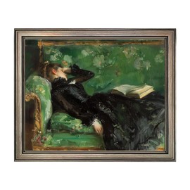 Framed Vintage Woman Reading Book Canvas Wall Art Moody Black and Green Oil Painting Living Room Decor Home Artwork
