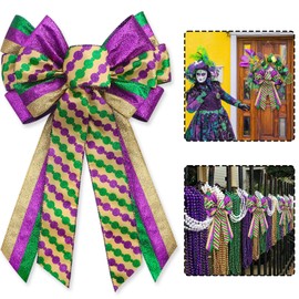 Large Mardi Gras Bow for Wreath, Elegant Glitter Mardi Gras Wreath Bow, Large Mardi Gras Tree Decorations Fat Tuesday Ornaments for Front Door Home New Orleans Party Decorations - Style F