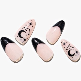 GLAMERMAID Nude Press on Nails Medium Almond, Gothic Emo Stiletto Fake Nails with Black French Tip, Short Oval Fake Nails with Star, Medium Glue on Nails Kit for Women, Reusable Acrylic False Nail Tip