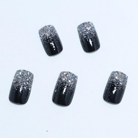 Press on Nails Medium Square Shapes 24Pcs Glossy Full Cover Artificial Black Fake Nails with Silver Glitter Designs Reusable Coffin Acrylic False Nails Glue on Fingernails with Charm for Women