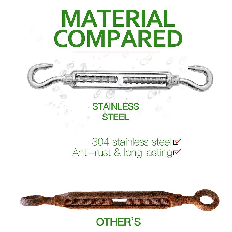 Jamiikury 3PCS M8 Hook & Hook Turnbuckle 304 Stainless Steel