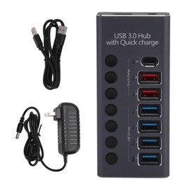 7 Ports Powered USB 3.0 Hub 4 High Speed Data Transfer Ports 3 Fast Charging Ports with Power Adapter and Individual Switches 100‑240V US Plug