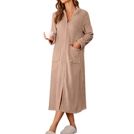 Ekouaer Women Zipper Robe Long Sleeves Bathrobe Winter Sleepwear Warm Soft Housecoat with Pockets Zip Up House Robes