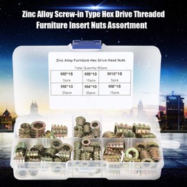 MOUMOUTEN 80pcs Threaded Inserts Nuts, M4/M5/M6/M8/M10 Zinc Alloy Screw-in Nut Assortment Set Bolt Fastener Connector Hex Drive for Wood Furniture