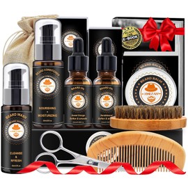 Actualizado barba Grooming Kit w / acondicionador de barba, aceite de barba, bálsamo de barba, cepillo de barba, barba de lavado / champú, peine de barba, tijeras de barba, bolsa de almacenamiento, barba E-Libro, Cuidado de la Barba Regalos para Hombres Él