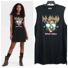 Def Leppard Women's Sz L Black Sleeveless "Rock & Roll" Graphic Tank Shirt Dress