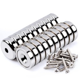Pack of 20 Super Strong Neodymium Magnets, Strong Magnets with Round Base and Holes, 16 mm Rare Earth Magnets Pot Magnet with Countersunk Holes and Screw for Kitchen Crafts, Wood, Hanging Tools