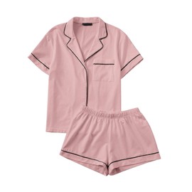 Floerns Women's Notch Collar Short Sleeve Sleepwear Two Piece Pajama Set Pink XL