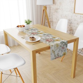 Snylcce 13 x 108 Inch Floral Table Runner - Wildflower & Daisy Design, Elegant White Linen Spring & Summer Decor for Dining Tables, Parties and Special Occasions