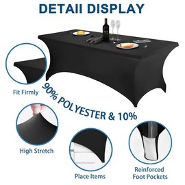 Lemict 10 Pack 8FT Rectangular Spandex Tablecloth,Wrinkle Resistant Fitted Cover for 96x30 inch Banquet Table Cloth, Washable Stretch Fabric for Party, Events, Wedding, Vendor - Black