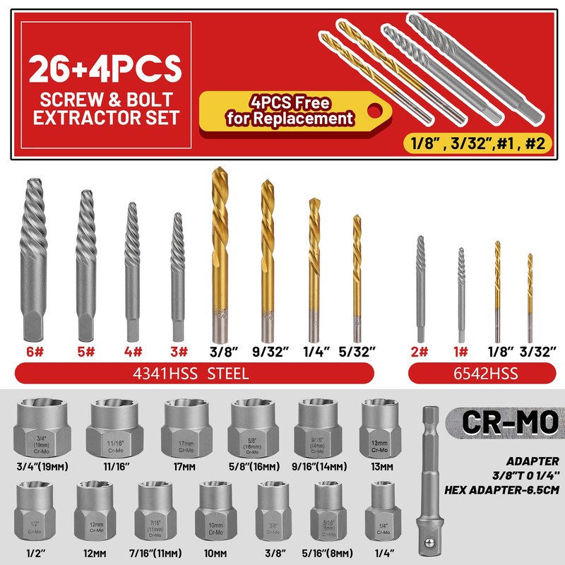 UYECOVE 30 Pcs Spiral Screw Extractor Bolt Extractor Set, 6542/4341