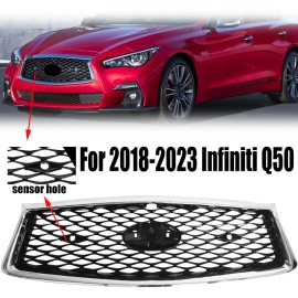 WenQi For 2018-2023 Infiniti Q50 Chrome Bezel Front Bumper Black Grille W/sensor holes