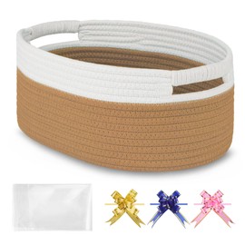 BOSROTY Small Woven Basket with Gift Bags and Ribbons, Empty Baby Gift Baskets for Kids Women Men, Shelf Storage, Small Cat Dog Pet Toy Boxes, 13”x 9”x 5.5”, Camel