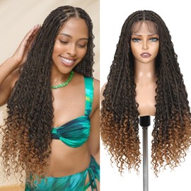 Lady Miranda Braided Wigs for Black Women Lace Front Knotless Boho Box Braided Wig with Curly Ends Full Lace Frontal Square Knotless Goddess Bohemian Box braided wigs with Baby Hair