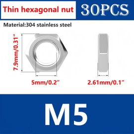 Ctyjia 30 PCS Hex Thin Nuts M5 Locking Nuts, 304 Stainless Steel Hex Nuts, Hardware Nuts for Lndustrial Construction Fasteners