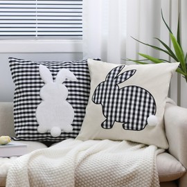 CroBlissful 2 Pack Bunny Pillow Covers Easter Rabbit Throw Pillowcase 18 x 18 Neutral Decorative Embroidery Cushion Case for Sofa Bed Rustic Farmhouse Boho Home Decor(Black White Plaid)
