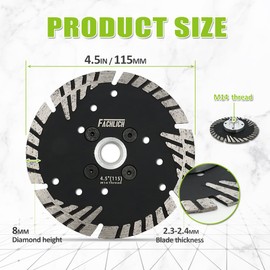 FACHLICH Diamond Cutting Blade 115mm/4.5" 2pcs with Turbo Slant Protection Teeth for Concrete Tile Granite Marble Masonry Brick