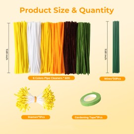 600 Pcs Yellow Pipe Cleaners Flowers Craft Kit,6 Assorted Colors Pipe Cleaners Bulk,Chenille Stems for DIY Art Creative Gift,Flower Making Kit with 30 Pcs Floral Wires,Gardening Tape,Stamen
